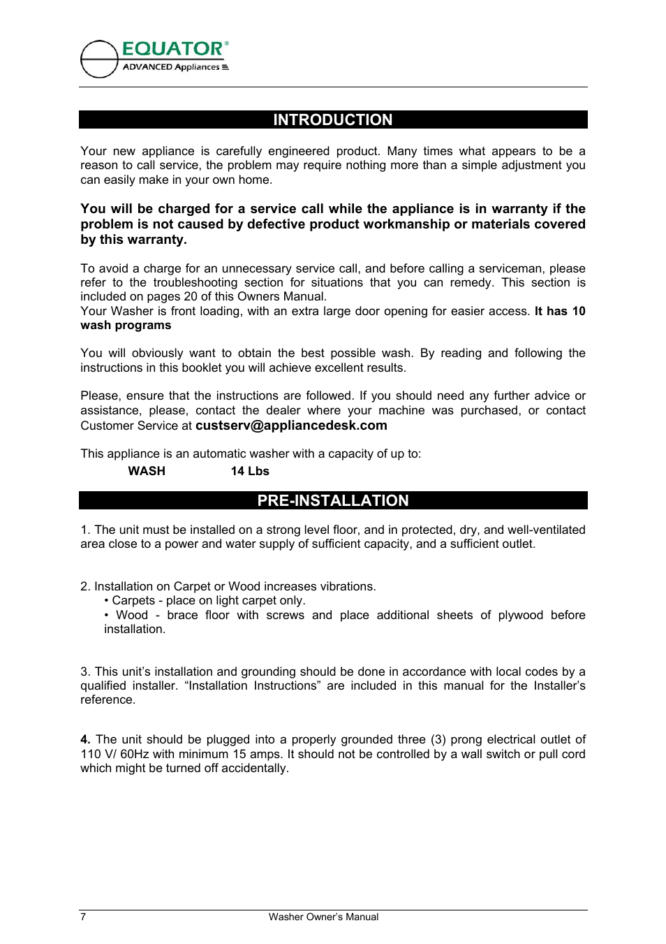 Introduction, Pre-installation | Equator EW 620 User Manual | Page 8 / 23