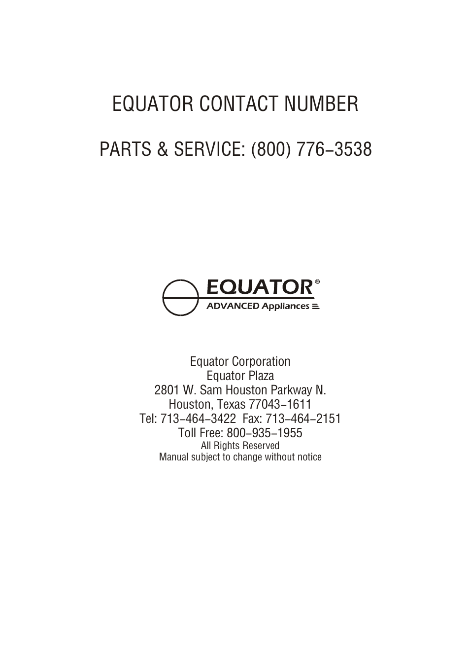 Equator contact number | Equator WB 924 User Manual | Page 15 / 15