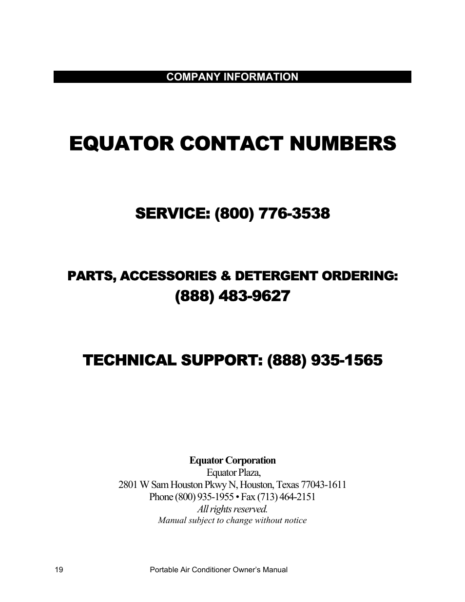 Equator contact numbers | Equator PAC 10 User Manual | Page 20 / 20