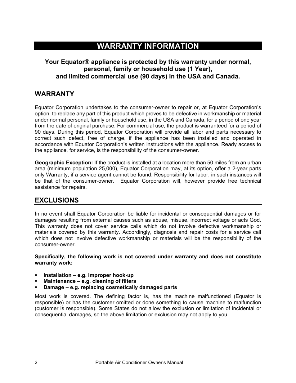 Warranty information | Equator PAC 10 User Manual | Page 3 / 20