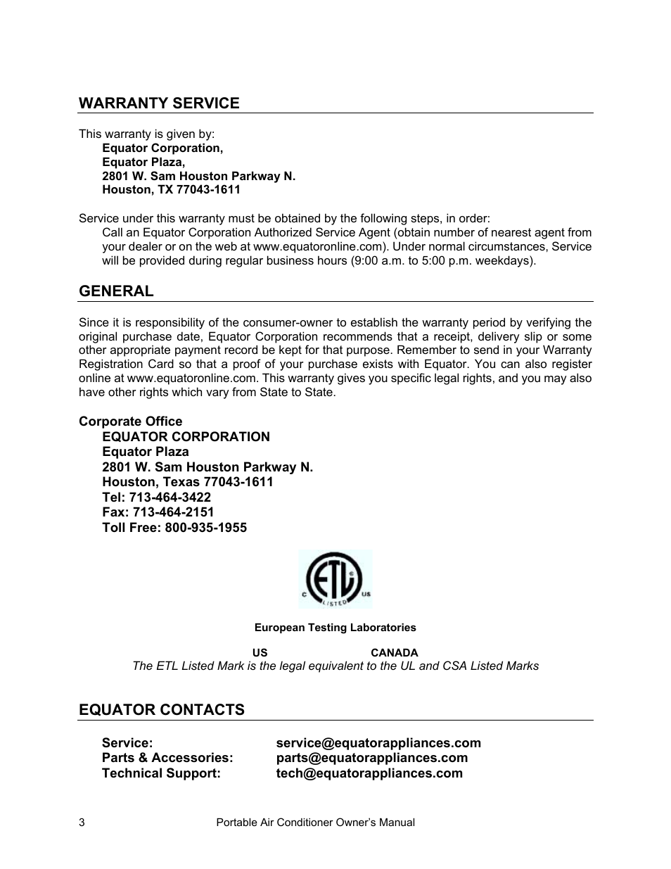 Warranty service, General, Equator contacts | Equator PAC 10 User Manual | Page 4 / 20