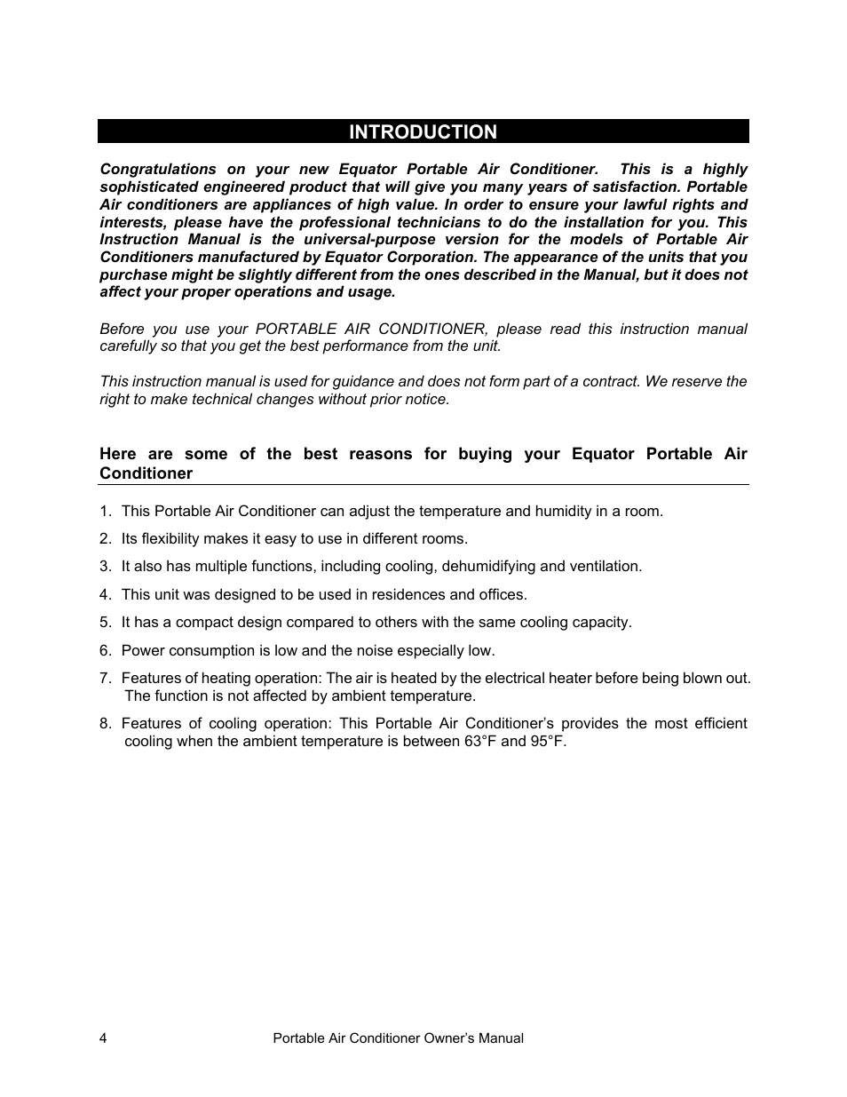 Introduction | Equator PAC 10 User Manual | Page 5 / 20