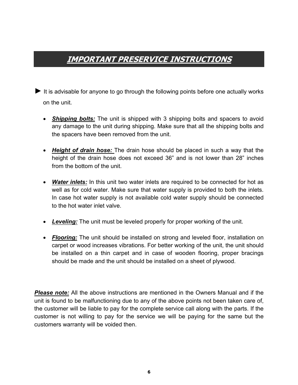 Important preservice instructions | Equator MD3720CEE User Manual | Page 6 / 30