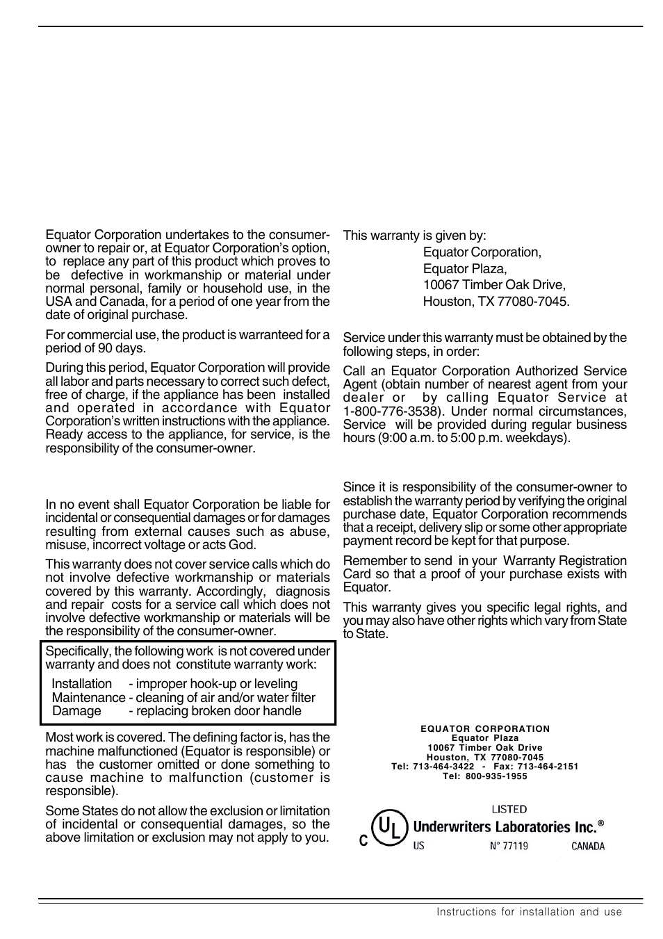 Warranty information | Equator 3612 User Manual | Page 3 / 22