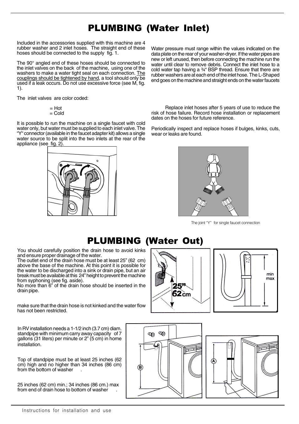 Plumbing (water inlet), Plumbing (water out), Standpipe drain system | Floor standpipe drain, Wall standpipe drain, Connection to the water mains | Equator 3612 User Manual | Page 8 / 22