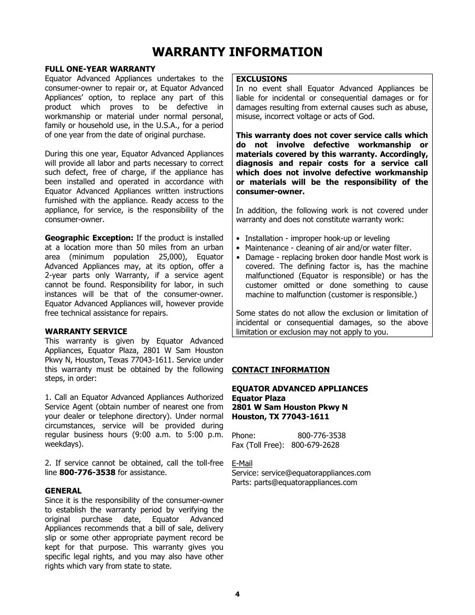 Warranty information | Equator ED510 User Manual | Page 4 / 7