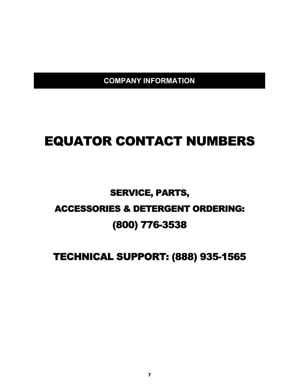 Equator contact numbers, Service, parts, accessories & detergent ordering | Equator ED510 User Manual | Page 7 / 7