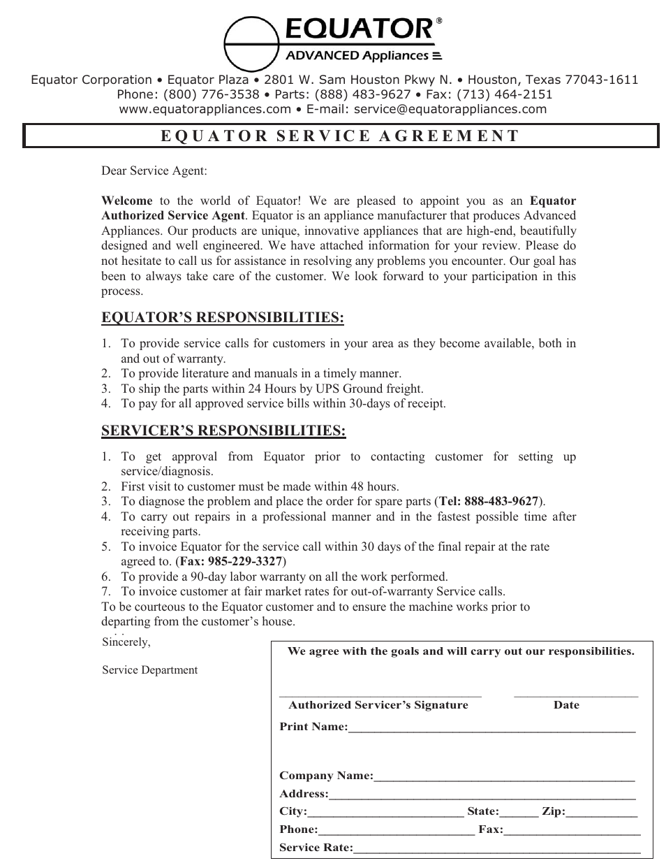 Equator’s responsibilities, Servicer’s responsibilities | Equator EZ 2500 C User Manual | Page 25 / 25