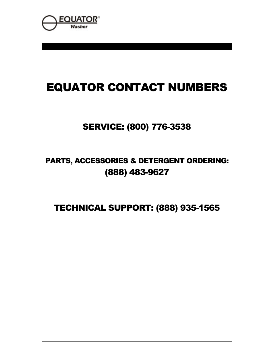 Equator contact numbers, Parts, accessories & detergent ordering | Equator EW510 User Manual | Page 22 / 22