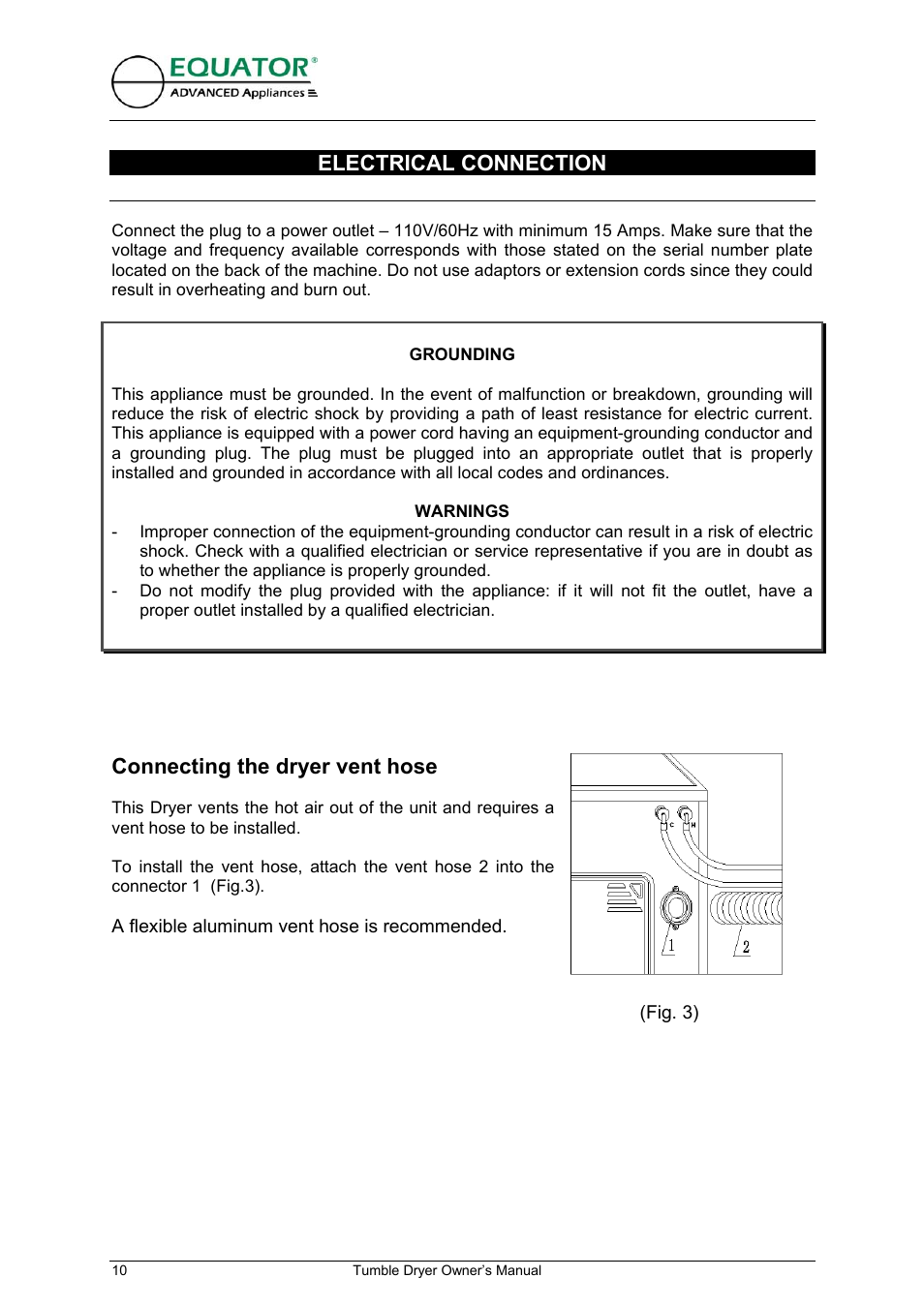 Electrical connection, Connecting the dryer vent hose | Equator ED 620 User Manual | Page 11 / 18