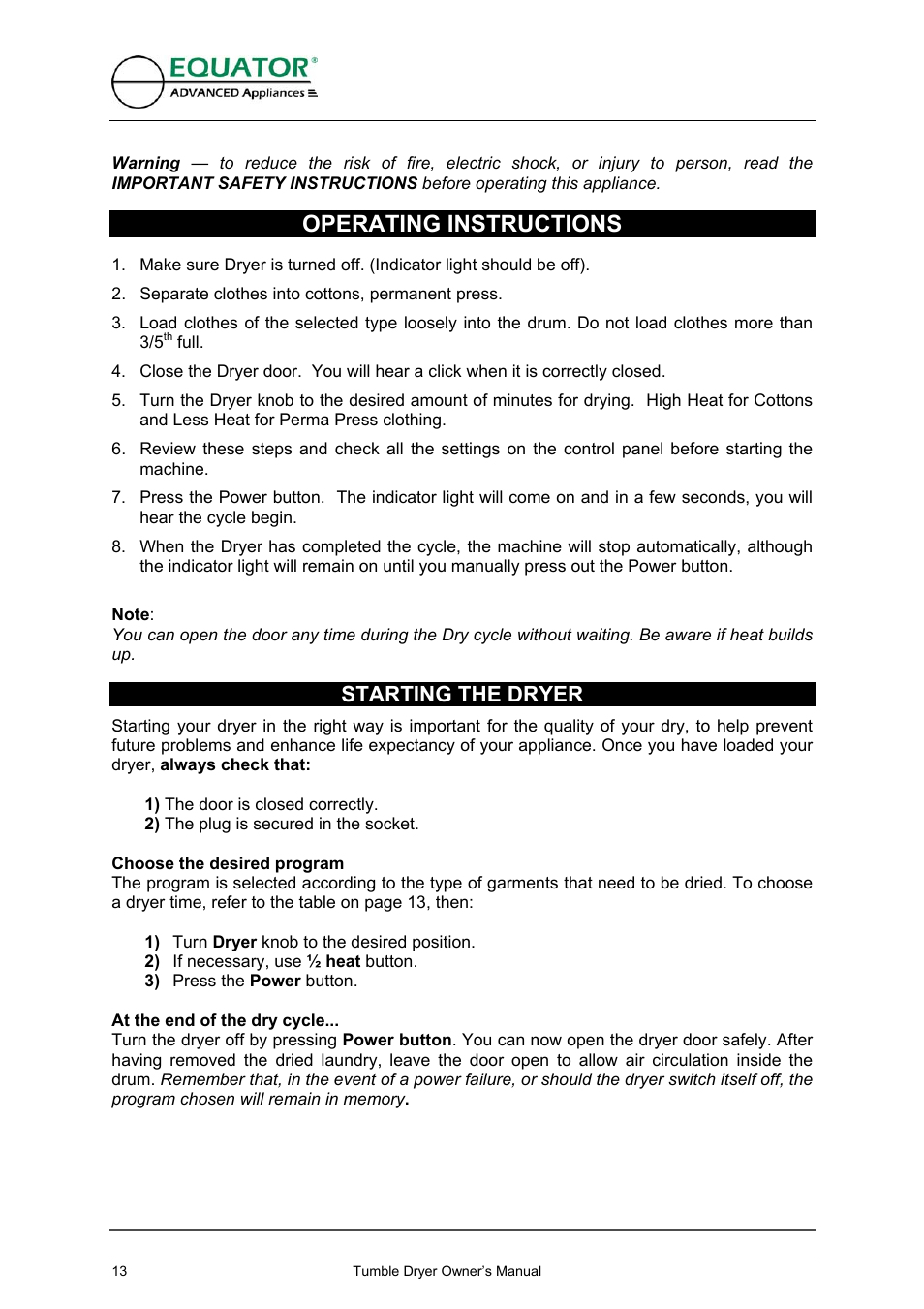 Operating instructions, Starting the dryer | Equator ED 620 User Manual | Page 14 / 18