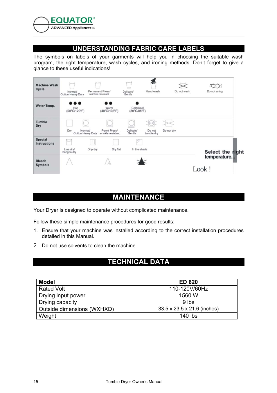 Maintenance, Technical data, Understanding fabric care labels | Equator ED 620 User Manual | Page 16 / 18