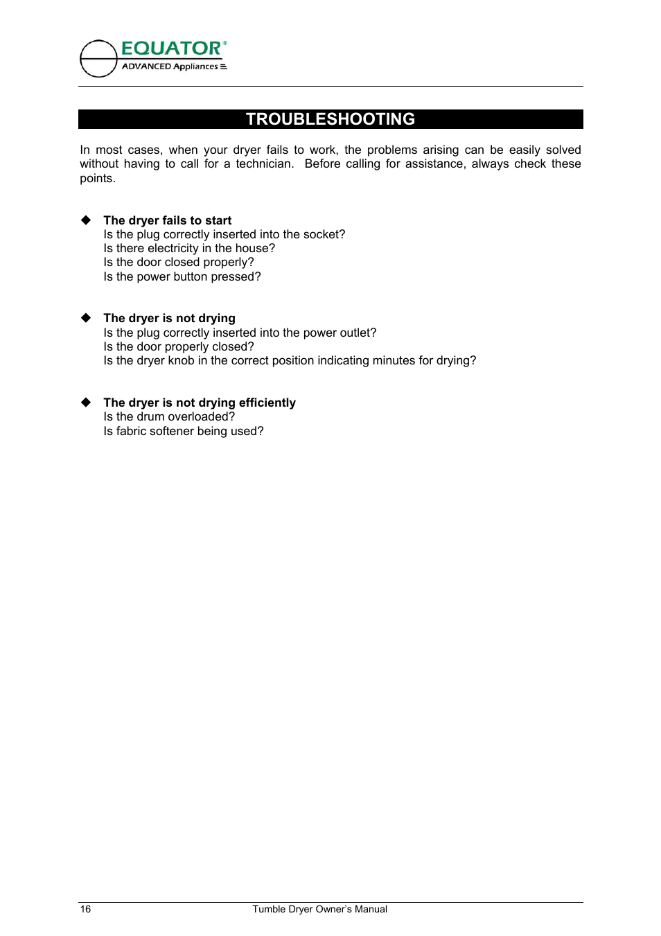 Troubleshooting | Equator ED 620 User Manual | Page 17 / 18