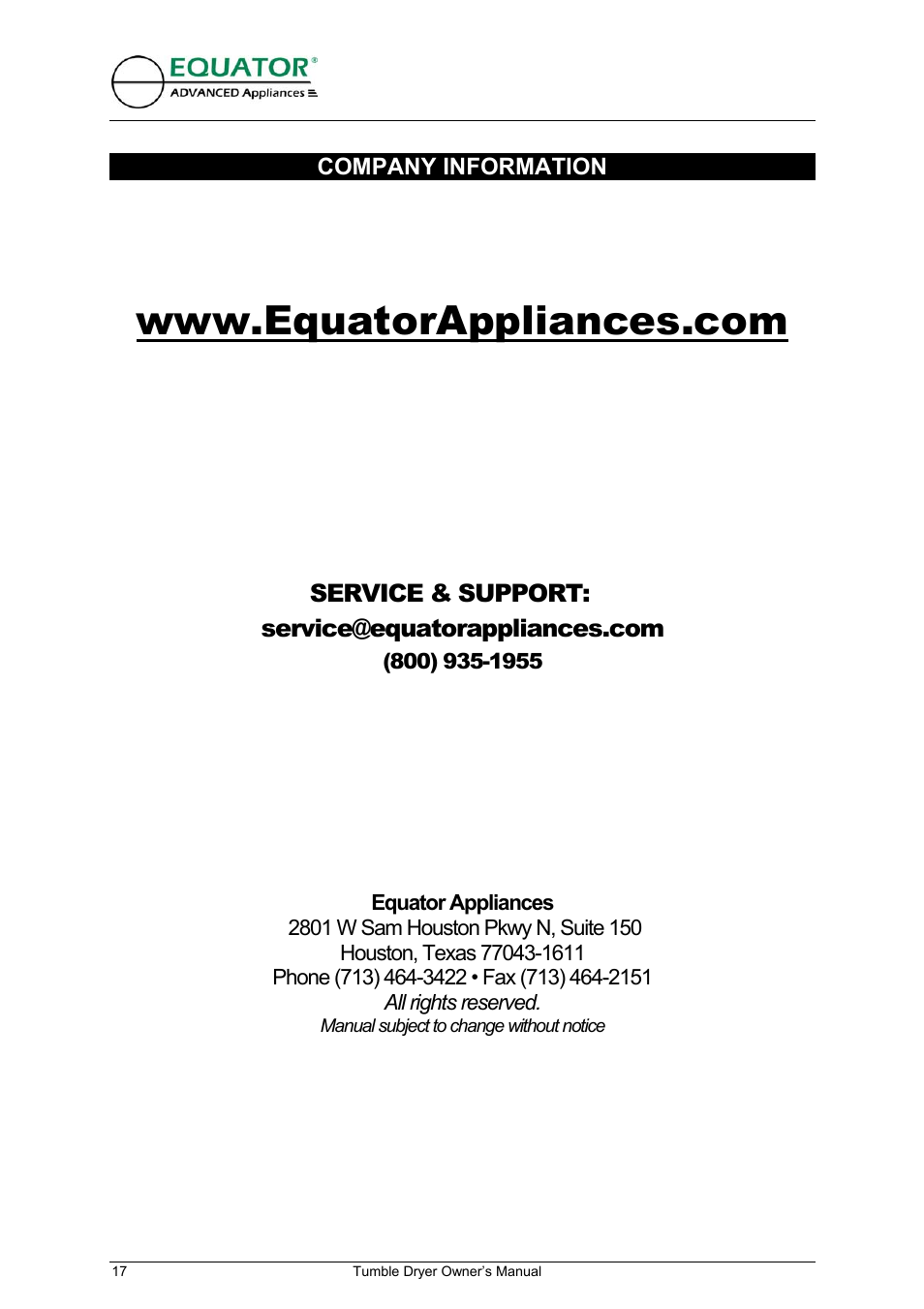 Company information | Equator ED 620 User Manual | Page 18 / 18