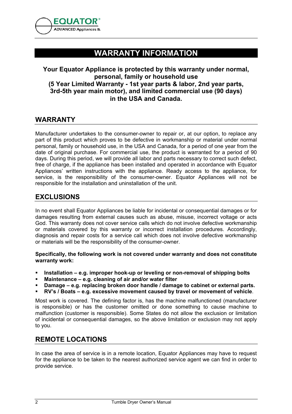 Warranty information, Warranty, Exclusions | Installation – e.g. improper hook-up or leveling, Maintenance – e.g. cleaning of air and/or water f, Damage – e.g. replacing broken door handle / dama, Remote locations | Equator ED 620 User Manual | Page 3 / 18