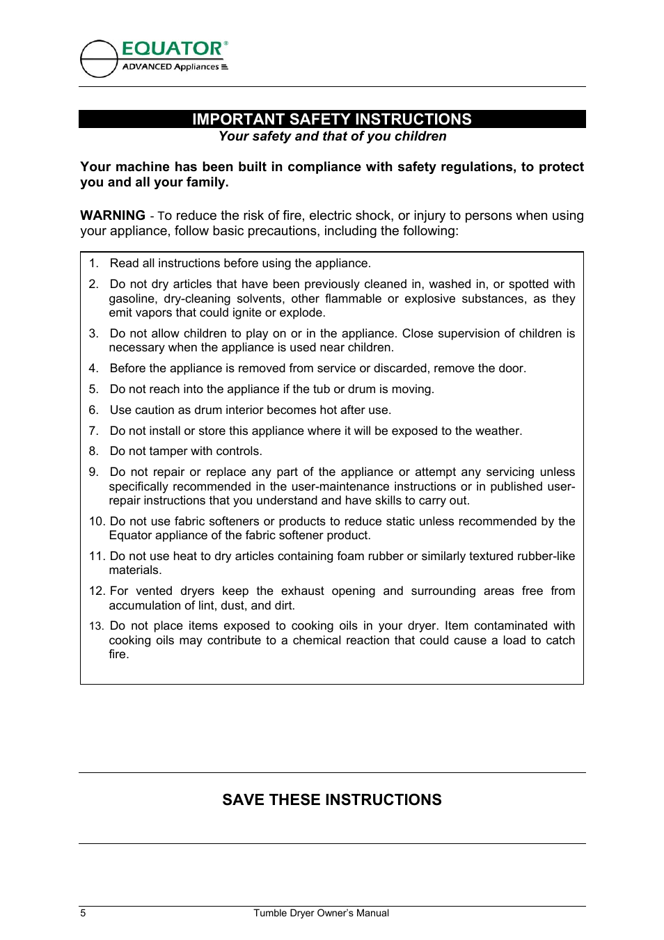 Important safety instructions, Save these instructions | Equator ED 620 User Manual | Page 6 / 18