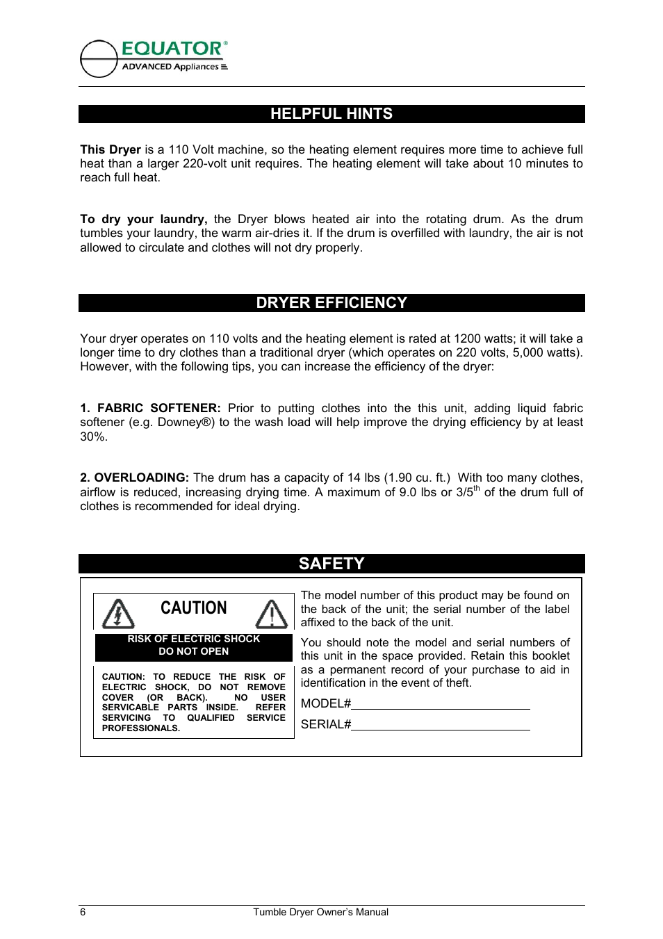 Caution, Safety, Helpful hints | Dryer efficiency | Equator ED 620 User Manual | Page 7 / 18