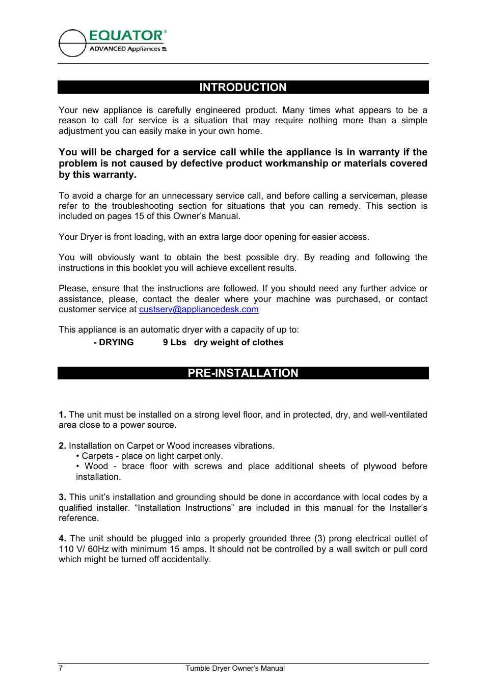 Introduction, Pre-installation | Equator ED 620 User Manual | Page 8 / 18