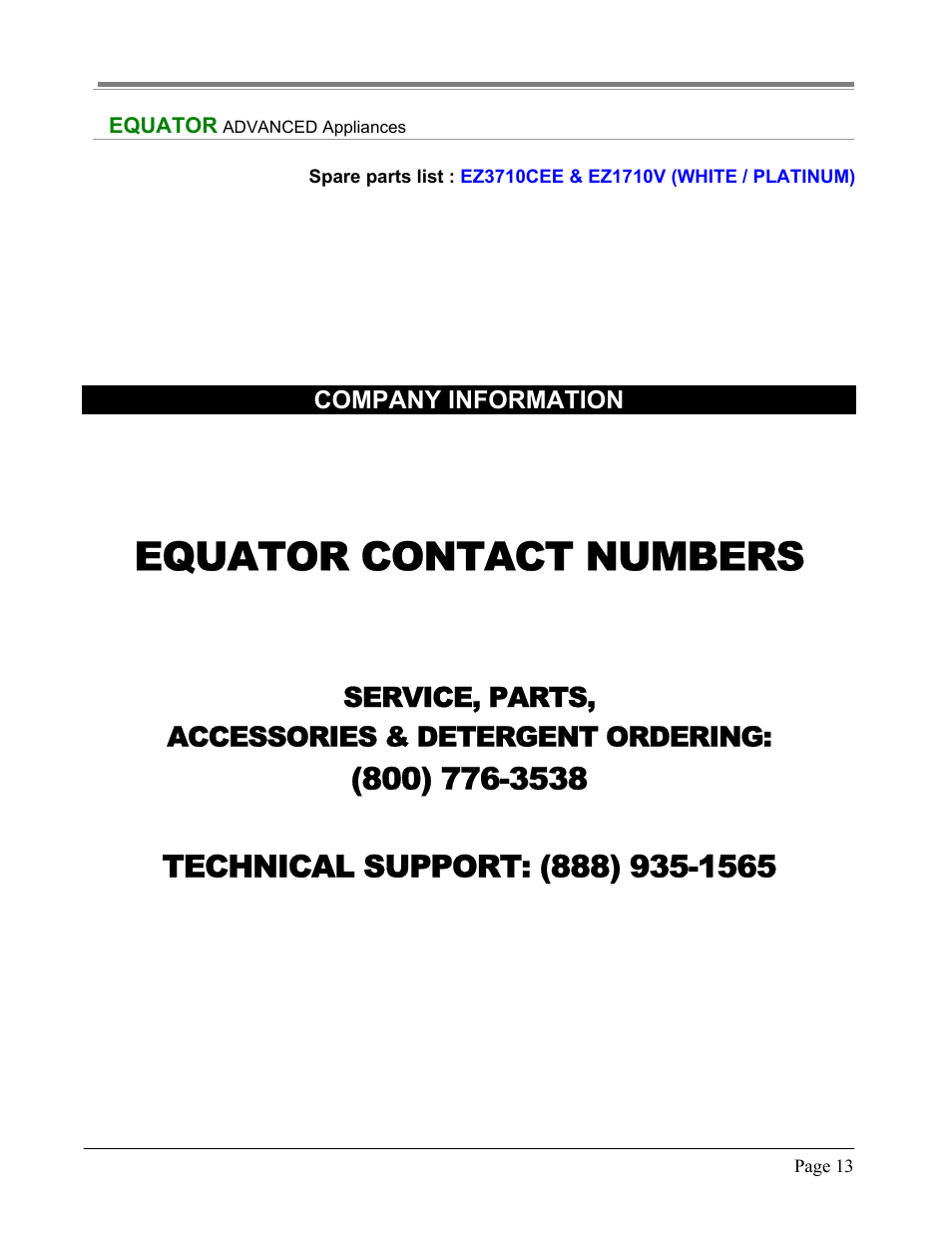 Equator contact numbers, Service, parts, accessories & detergent ordering | Equator EZ 3710 CEE User Manual | Page 13 / 13