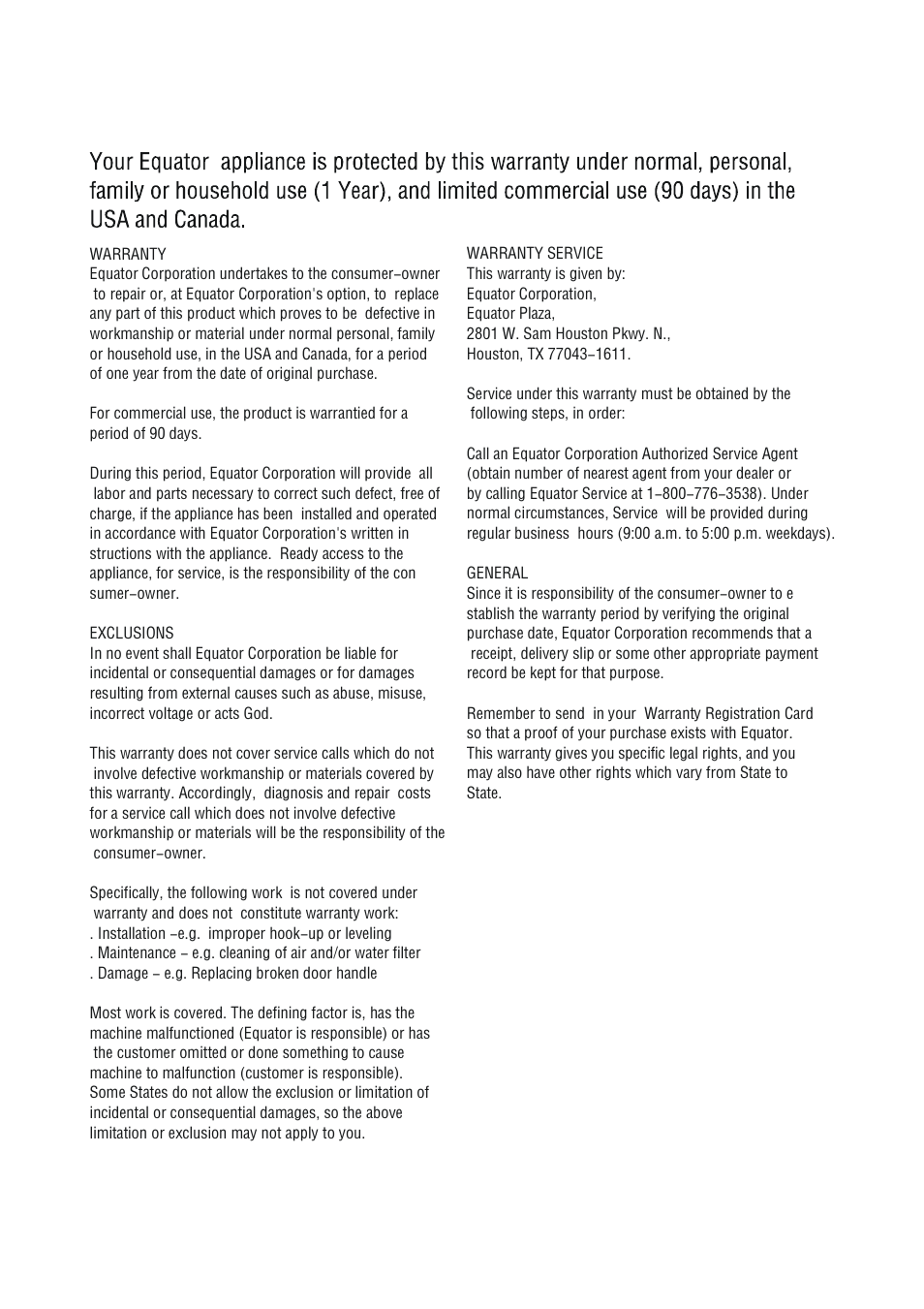 Warranty information | Equator WP 818 User Manual | Page 3 / 17