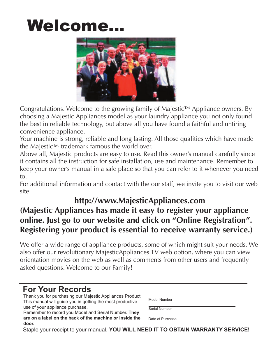 Welcome, For your records | Equator MJ-9000VG User Manual | Page 2 / 6