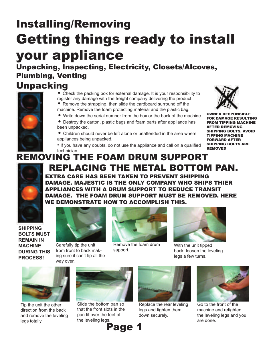 Getting things ready to install your appliance, Installing/removing, Page 1 | Unpacking | Equator MJ-9000VG User Manual | Page 3 / 6
