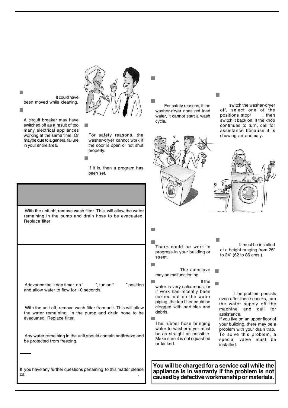 Before calling, read the following, Troubleshooting, Warning | Winterizing your washer/dryer | Equator EZ2512CEE User Manual | Page 17 / 23