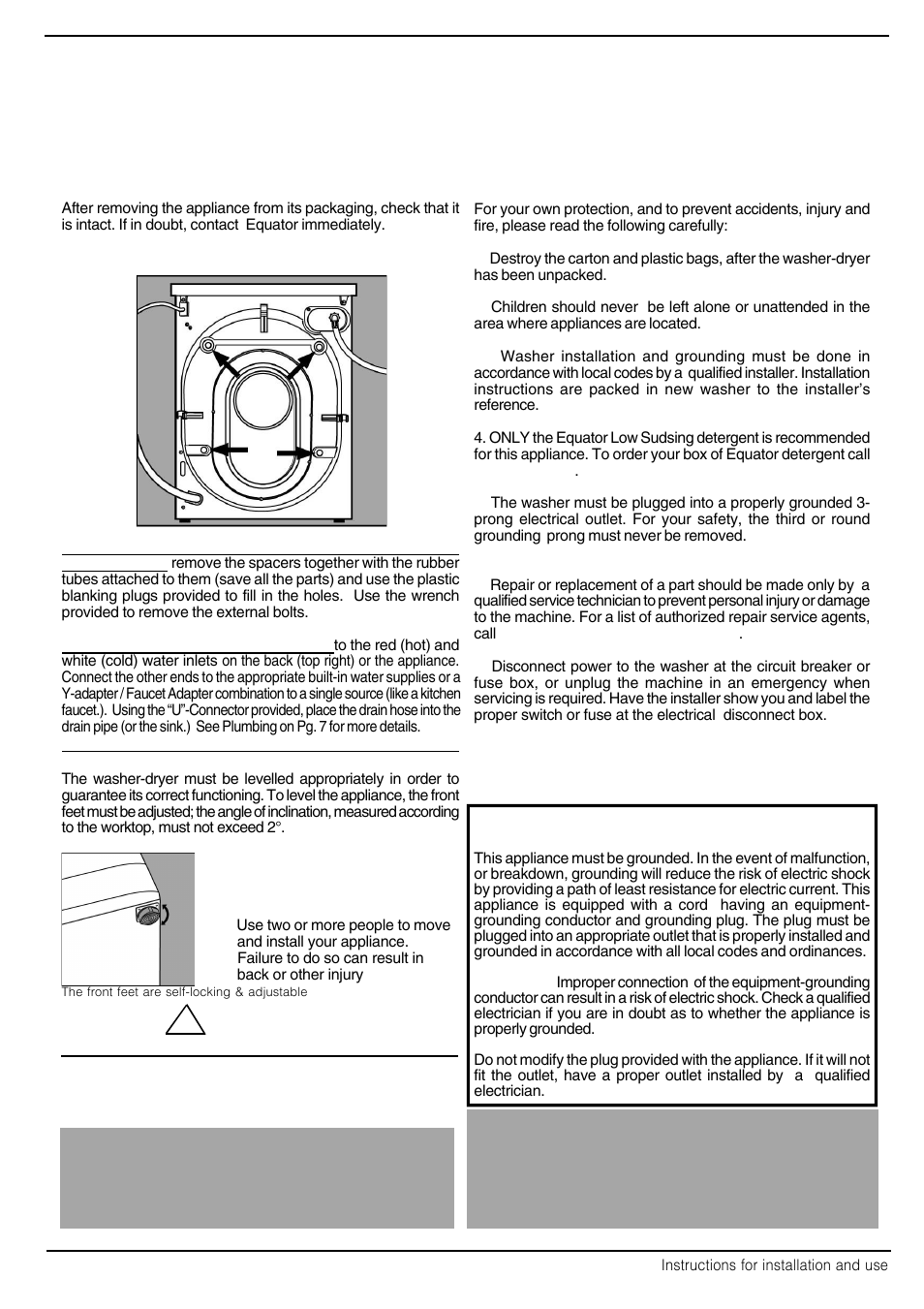 When the new washer-dryer arrives, Installation, Warning | Grounding instructions, Electrical requirements | Equator EZ2512CEE User Manual | Page 7 / 23