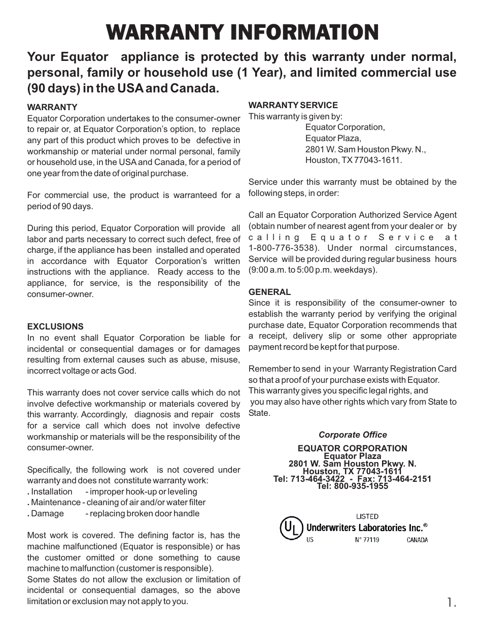 Warranty information | Equator 375 User Manual | Page 3 / 33