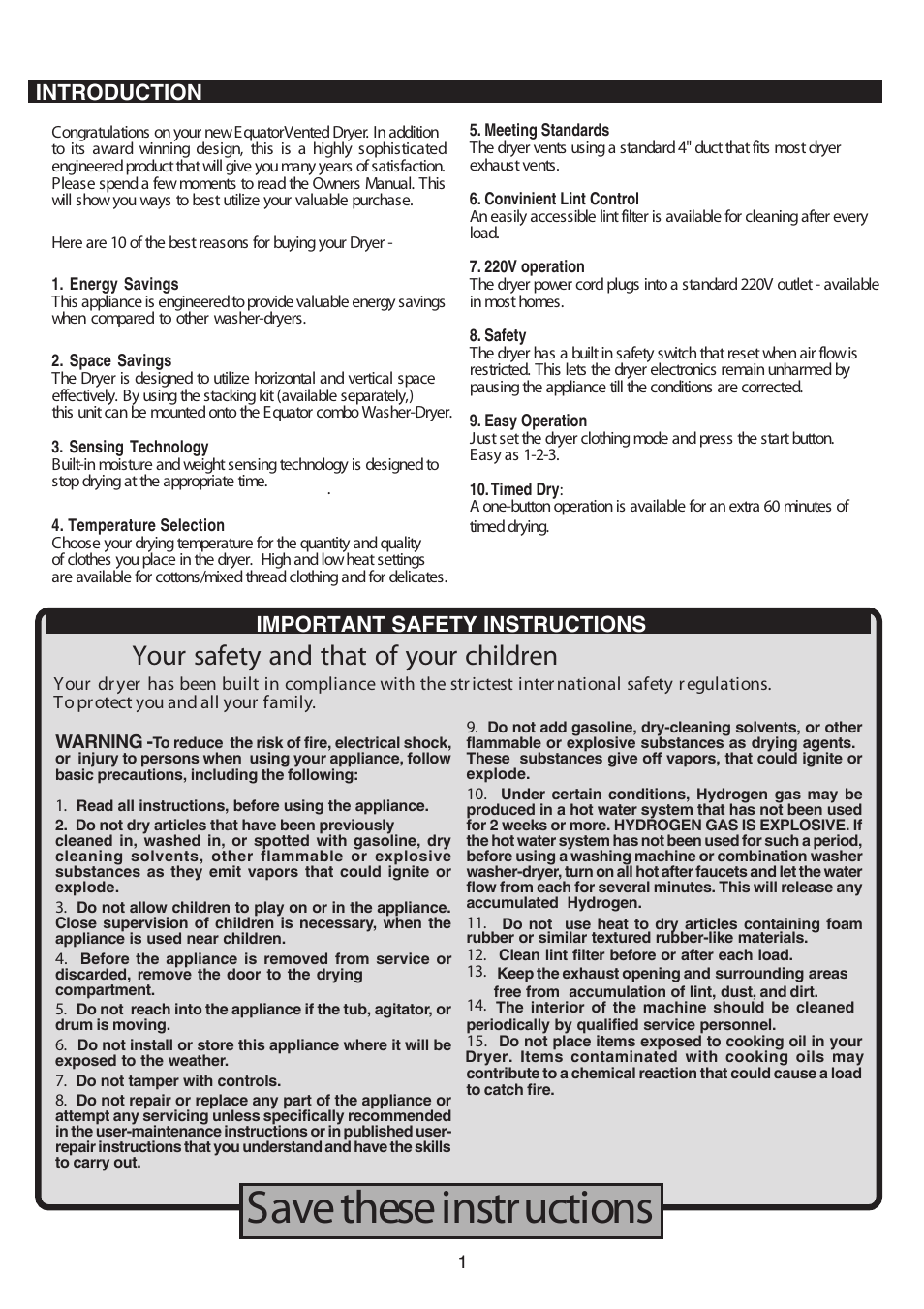 Save these instructions, Your safety and that of your children, Introduction important safety instructions | Equator CL 837 V User Manual | Page 2 / 7