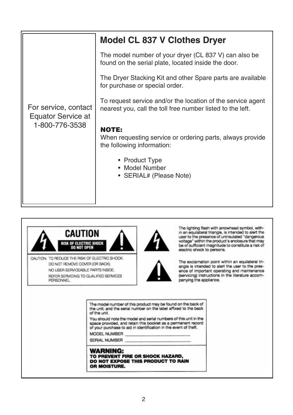 Model cl 837 v clothes dryer | Equator CL 837 V User Manual | Page 3 / 7