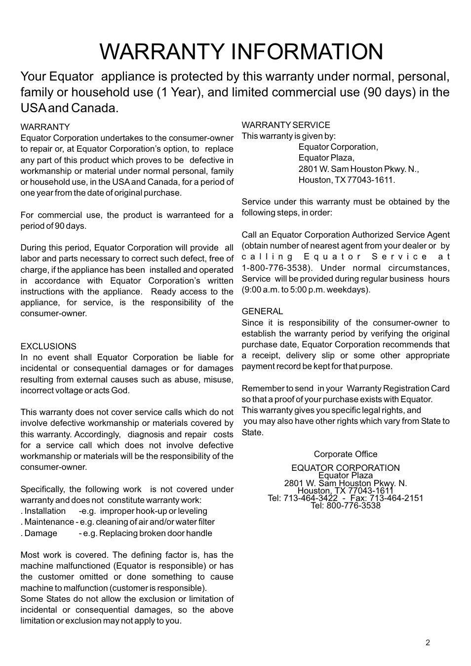 Warranty information | Equator CD400 User Manual | Page 4 / 12