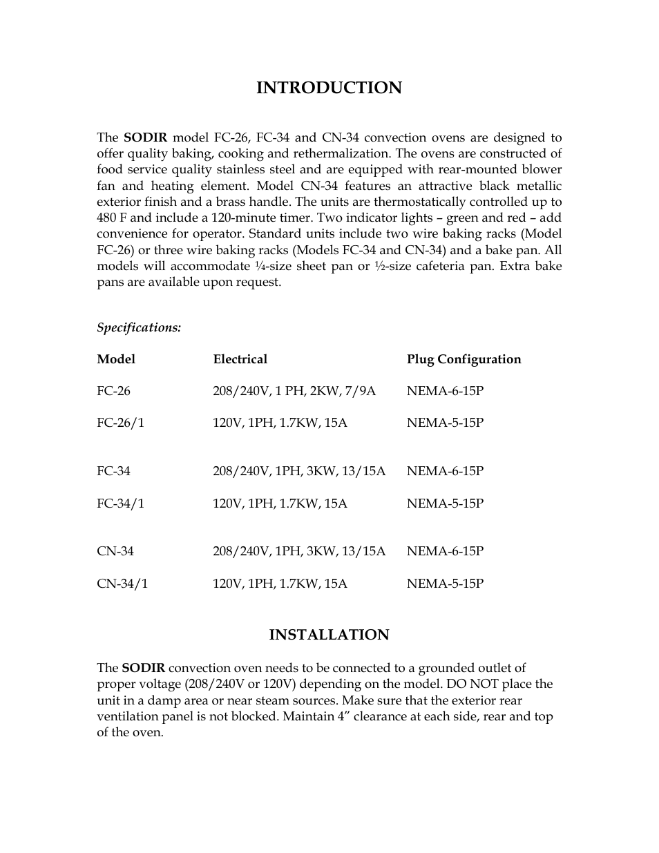 Specifications, Model electrical plug configuration, Installation | Introduction | Equipex CN-34 User Manual | Page 2 / 4