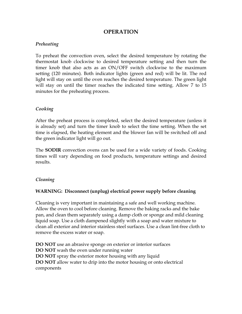 Operation, Preheating, Cooking | Cleaning | Equipex CN-34 User Manual | Page 3 / 4