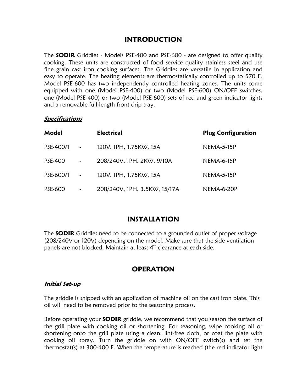 Pse-400/1 - 120v, 1ph, 1.75kw, 15a nema-5-15p, Installation, Operation | Initial set-up | Equipex PSE-600 User Manual | Page 2 / 4