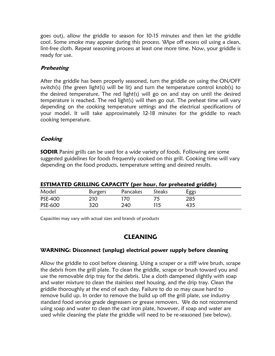 Preheating, Cooking, Model burgers pancakes steaks eggs | Cleaning | Equipex PSE-600 User Manual | Page 3 / 4