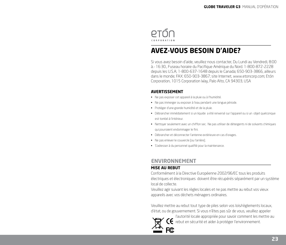 Avez-vous besoin d’aide, Environnement | Eton G3 User Manual | Page 12 / 57