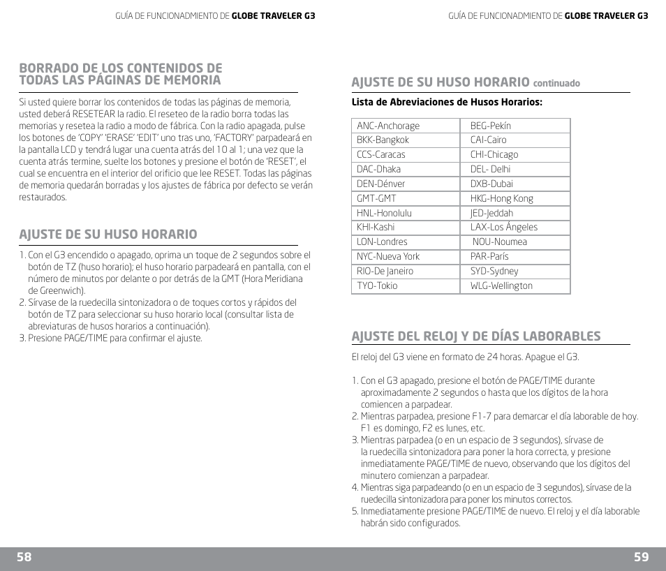 Ajuste de su huso horario, Ajuste del reloj y de días laborables | Eton G3 User Manual | Page 30 / 57