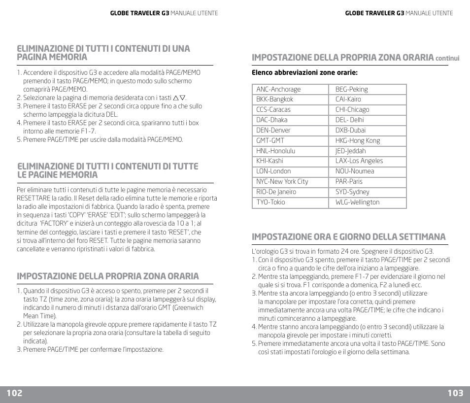 Impostazione della propria zona oraria, Impostazione ora e giorno della settimana | Eton G3 User Manual | Page 52 / 57