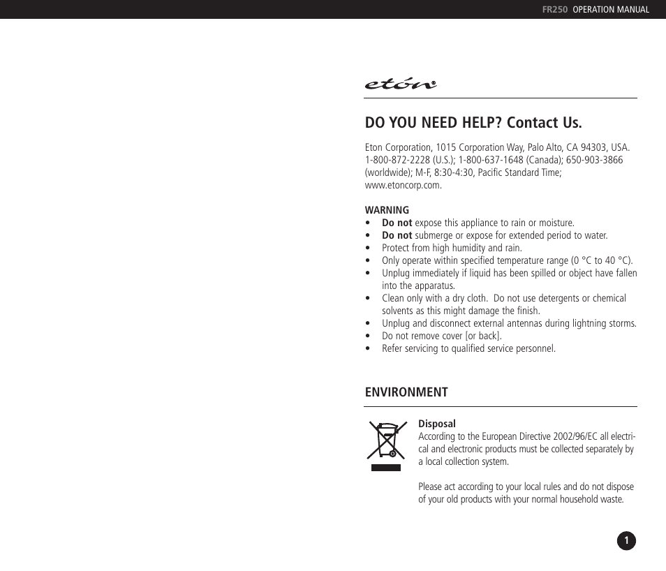 Do you need help? contact us | Eton FR250 User Manual | Page 2 / 7