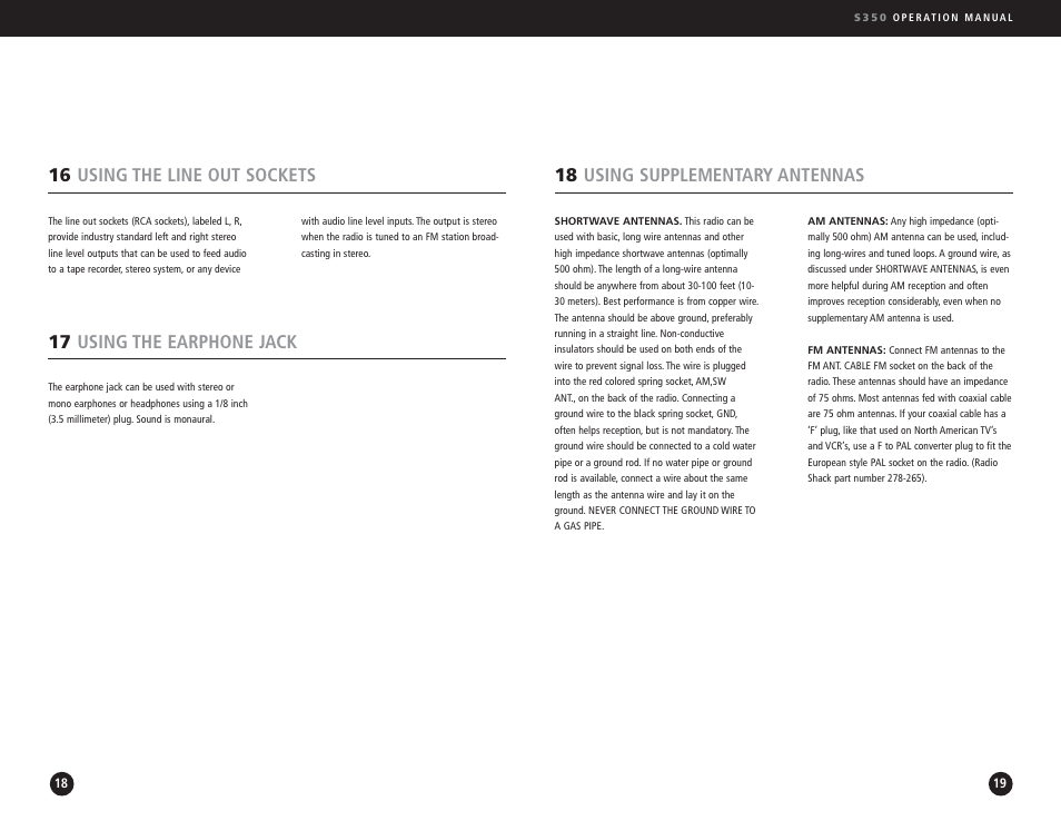 18 using supplementary antennas, 16 using the line out sockets, 17 using the earphone jack | Eton S350 User Manual | Page 10 / 68