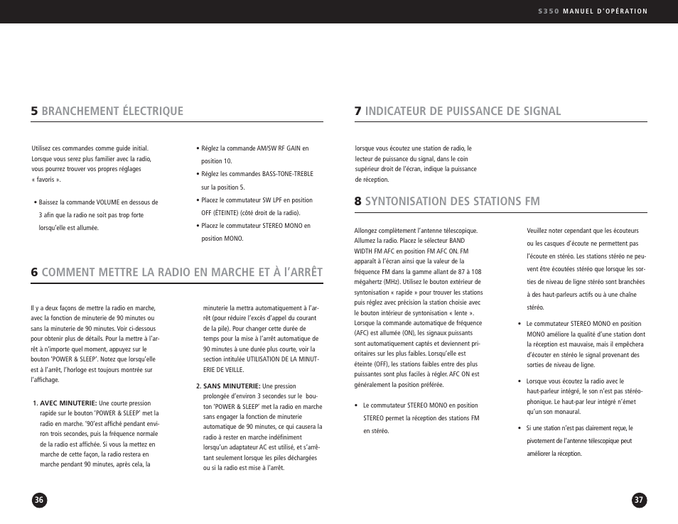 7indicateur de puissance de signal, 8syntonisation des stations fm, 5branchement électrique | 6comment mettre la radio en marche et à l’arrêt | Eton S350 User Manual | Page 19 / 68
