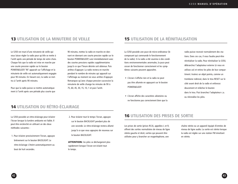 15 utilisation de la réinitialisation, 16 utilisation des prises de sortie, 13 utilisation de la minuterie de veille | 14 utilisation du rétro-éclairage | Eton S350 User Manual | Page 22 / 68