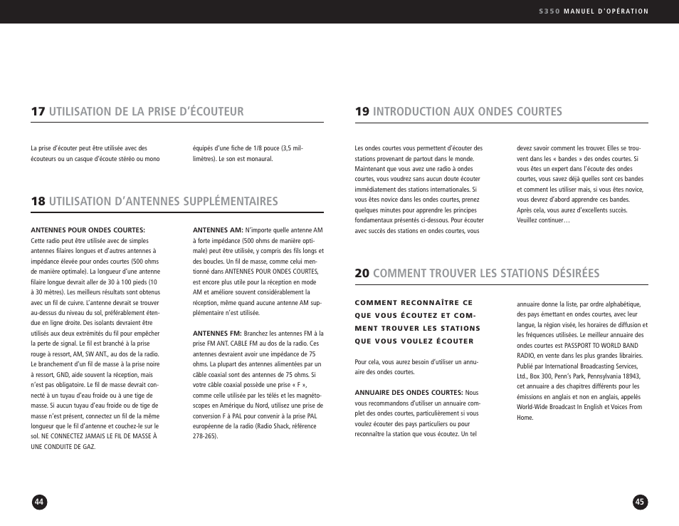 19 introduction aux ondes courtes, 20 comment trouver les stations désirées, 17 utilisation de la prise d’écouteur | 18 utilisation d’antennes supplémentaires | Eton S350 User Manual | Page 23 / 68