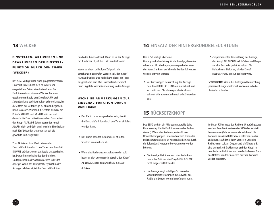 15 rücksetzknopf, 14 einsatz der hintergrundbeleuchtung, 13 wecker | Eton S350 User Manual | Page 36 / 68