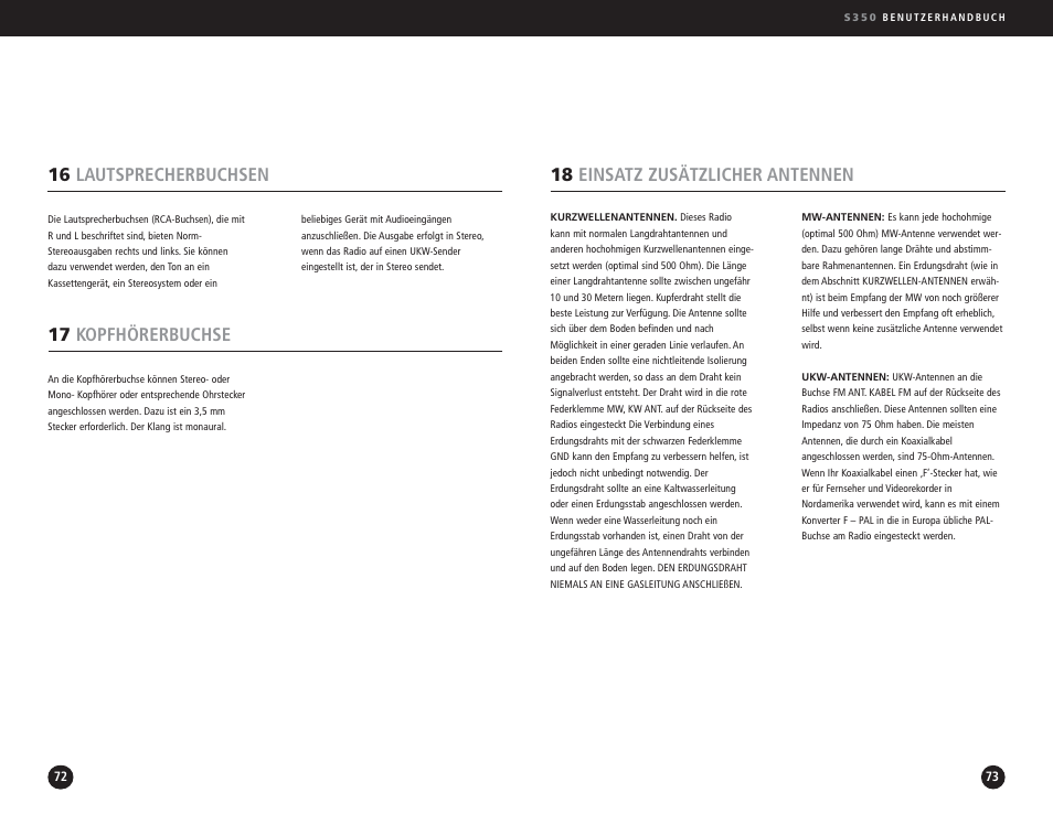 18 einsatz zusätzlicher antennen, 16 lautsprecherbuchsen, 17 kopfhörerbuchse | Eton S350 User Manual | Page 37 / 68