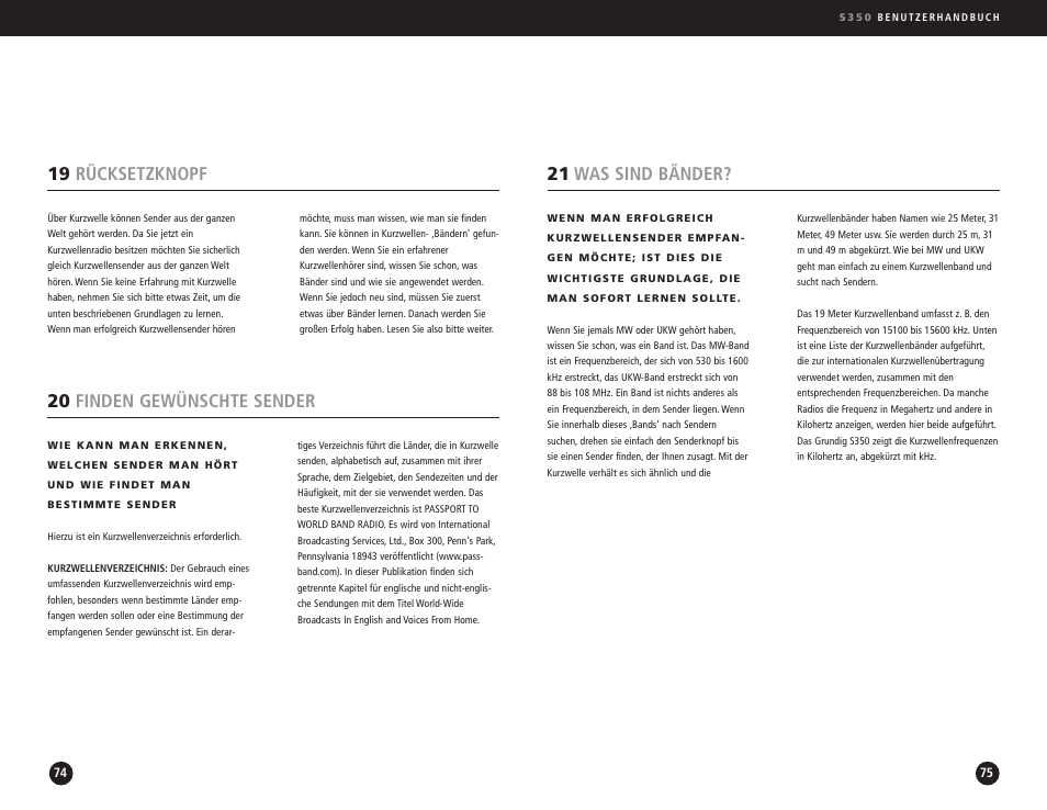 20 finden gewünschte sender, 21 was sind bänder, 19 rücksetzknopf | Eton S350 User Manual | Page 38 / 68