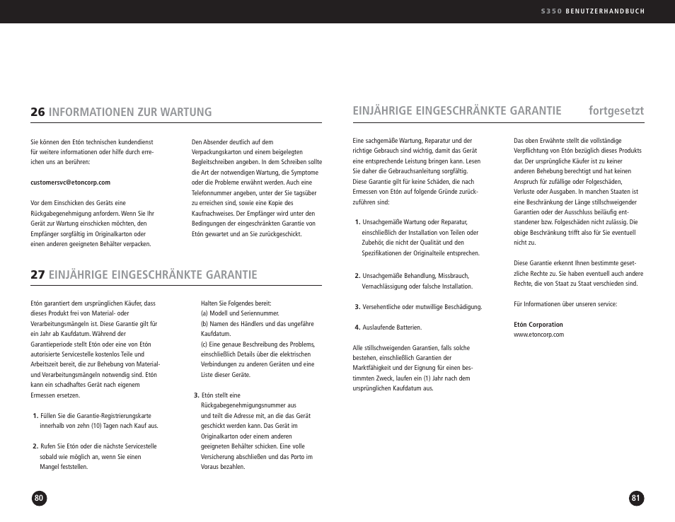 27 einjährige eingeschränkte garantie, 26 informationen zur wartung, Einjährige eingeschränkte garantie fortgesetzt | Eton S350 User Manual | Page 41 / 68