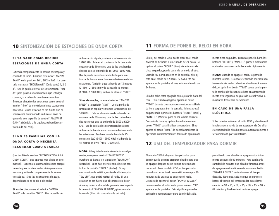 10 sintonización de estaciones de onda corta, 11 forma de poner el reloj en hora, 12 uso del temporizador para dormir | Eton S350 User Manual | Page 48 / 68