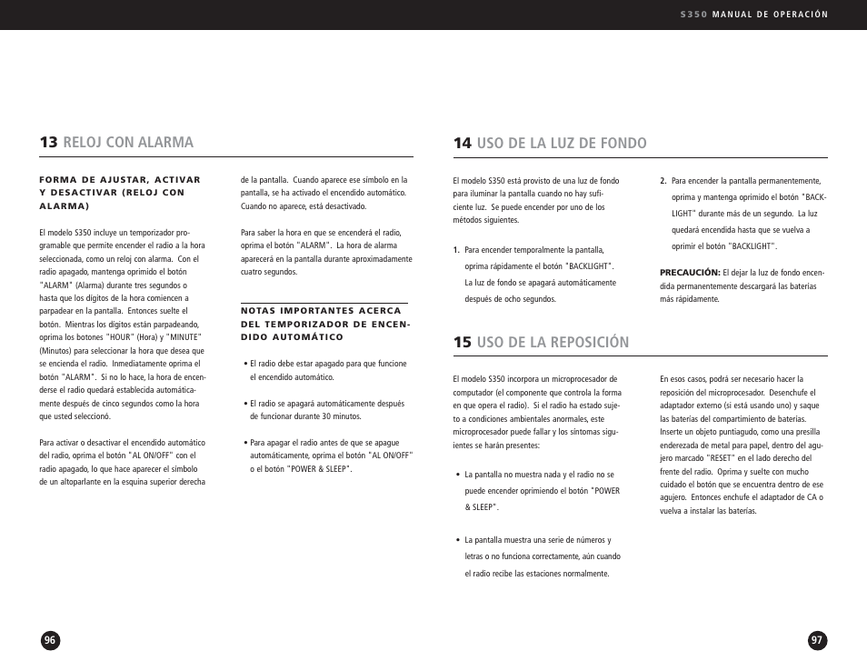 13 reloj con alarma, 14 uso de la luz de fondo, 15 uso de la reposición | Eton S350 User Manual | Page 49 / 68